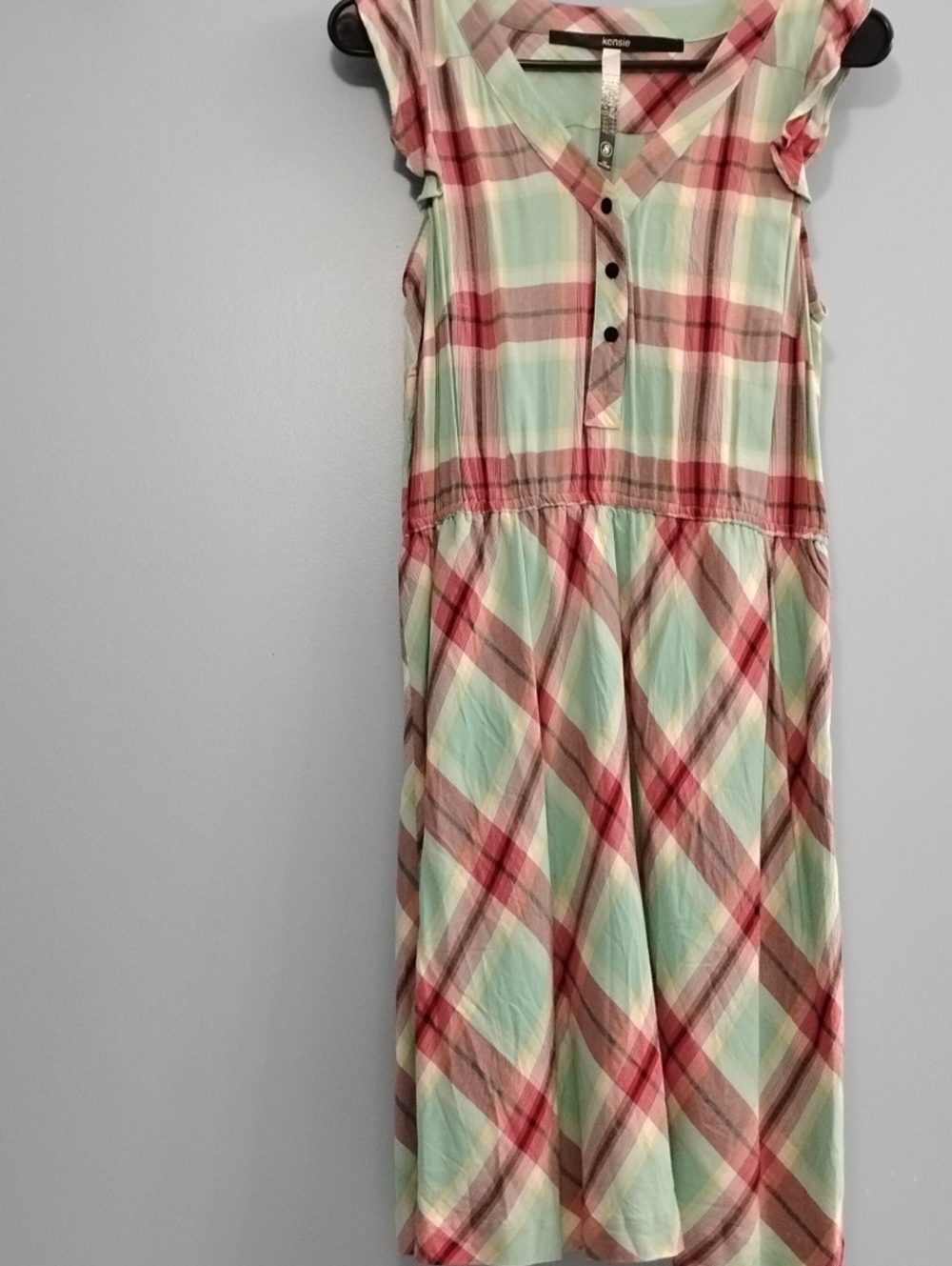 Kensie Mint & Coral Plaid Sleeveless Midi Button-Front Dress Size Small